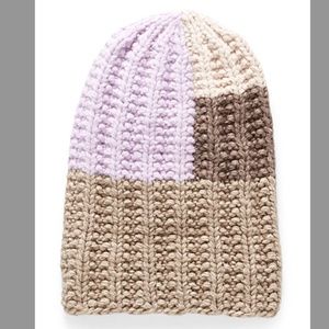 About The Tower merino wool blend brown and lilac unisex wide rib tuque NWT